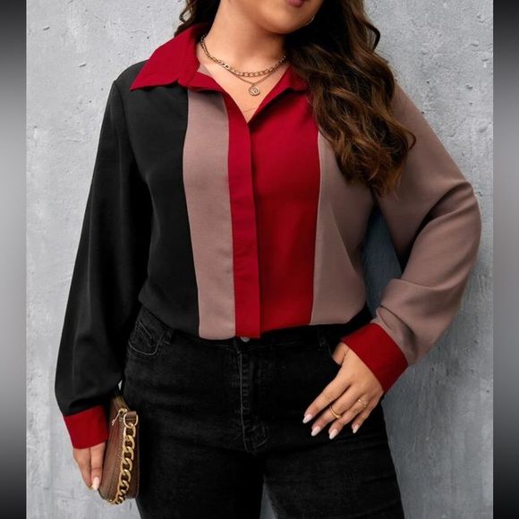 Plus Size Color Block Button Down Top Shirt - Picture 1 of 5
